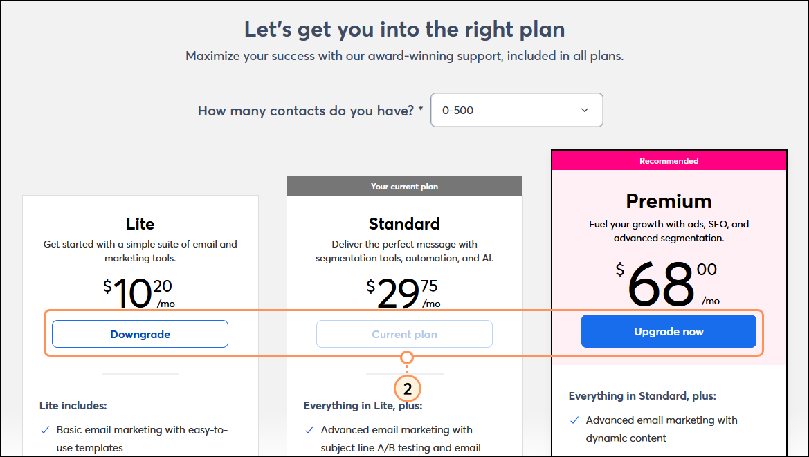 Lite, Standard, and Premium plans with Downgrade and Upgrade Now buttons