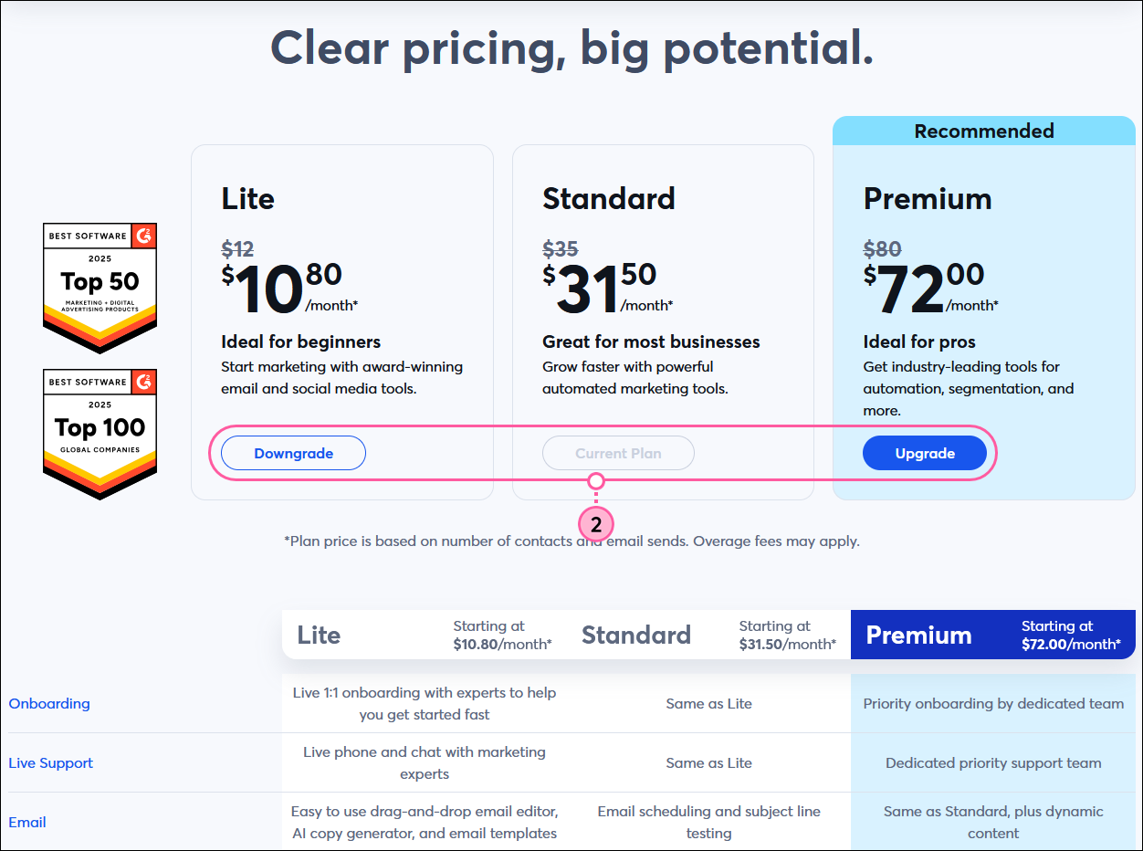 Plans & Pricing page with Downgrade and Upgrade Now buttons