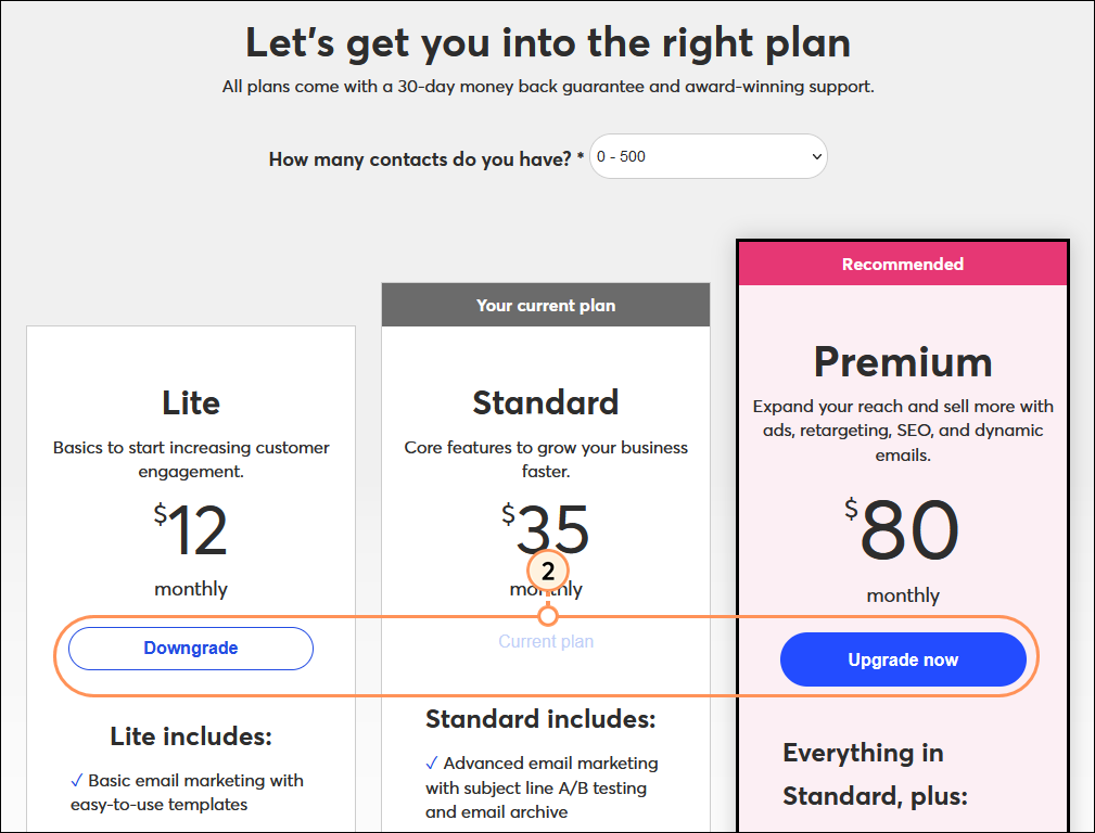 Plans & Pricing page with Downgrade and Upgrade Now buttons