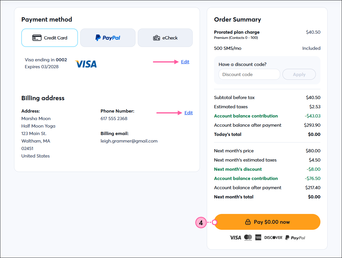 Verification page with Plan overview, Billing Address section, Payment Method section, and Pay Now button