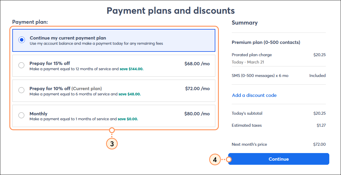 Payment plan options and Continue button