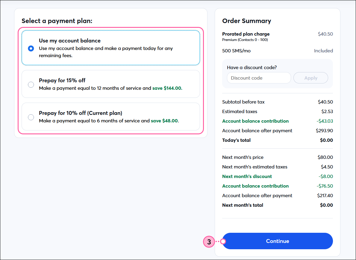 Payment Plan page with Payment Plan options, Selection Summary, and Next button