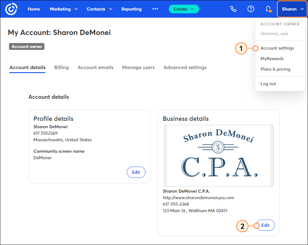Menú desplegable de propietario de la cuenta expandido y opción My Account (Mi Cuenta), sección Business Details (Detalles empresariales) y botón Edit (Editar)