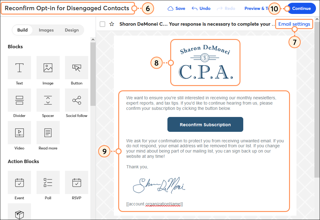 Campaign Name, Email Settings, logo, content, and Continue button