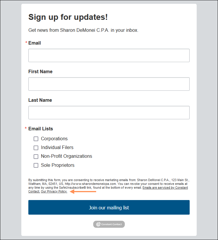 Example of Sign-up Form with Our Privacy Policy Link in the Footer