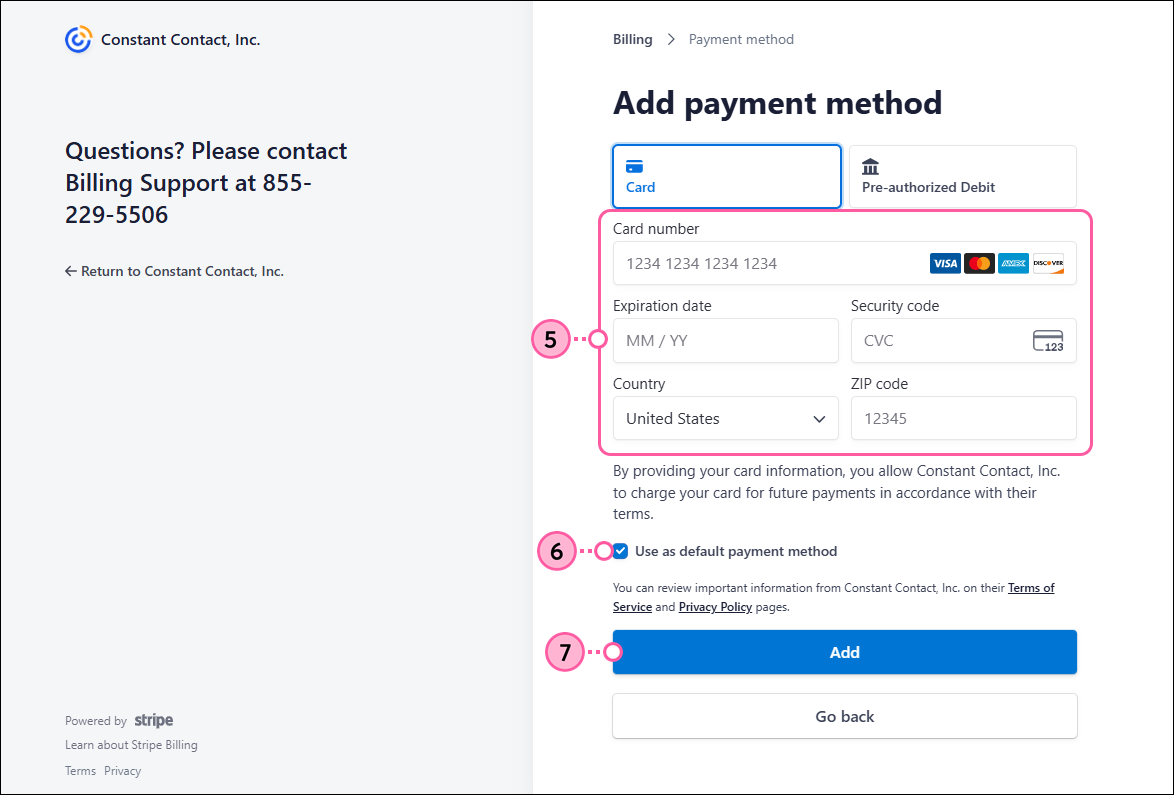 Credit card info fields, Default Payment Method checkbox, and Add button