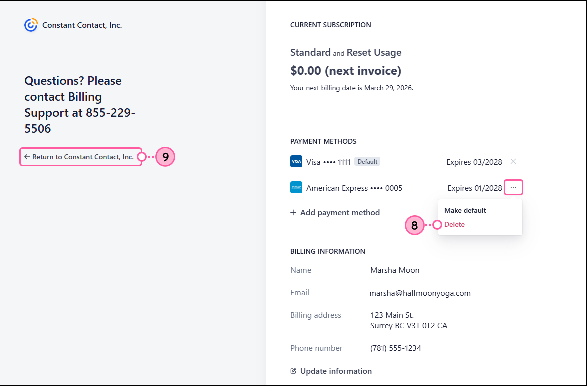 Stripe dashboard, Payment Method drop-down with Delete option, and Return to Constant Contact link