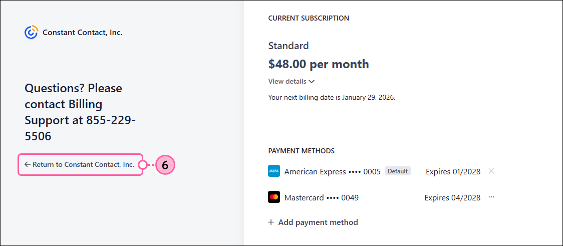 Stripe dashboard with Return to Constant Contact link