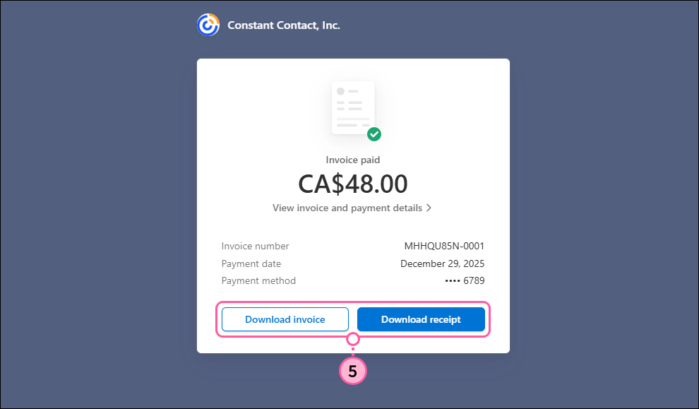 Constant Contact invoice details with Download Invoice and Download Receipt buttons