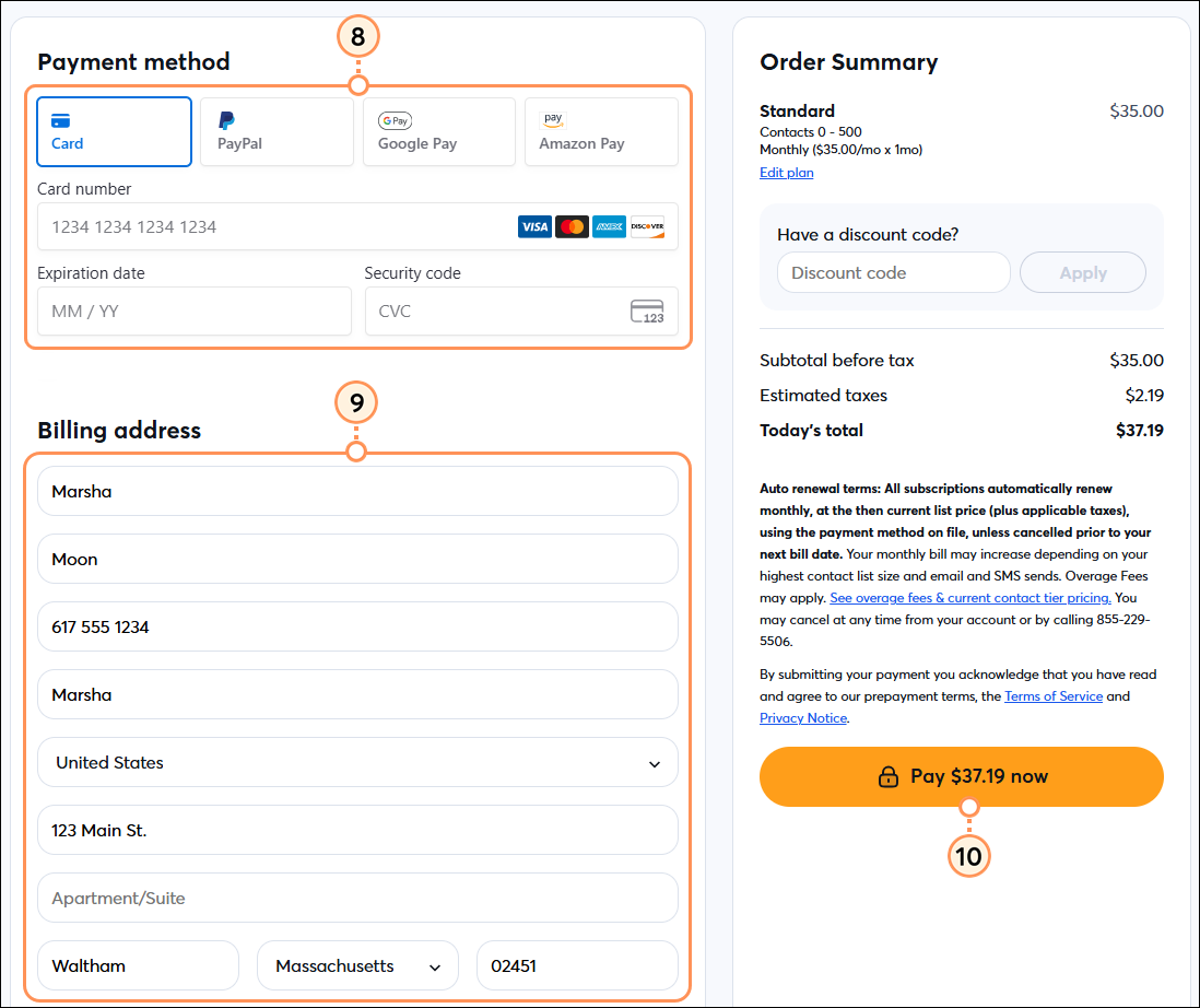 Company name, First and Last name, Country, Street Address, Postal Code, City, State, Email, and Phone number fields, and payment receipt option