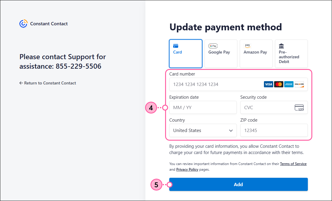 Credit card info fields and Add button