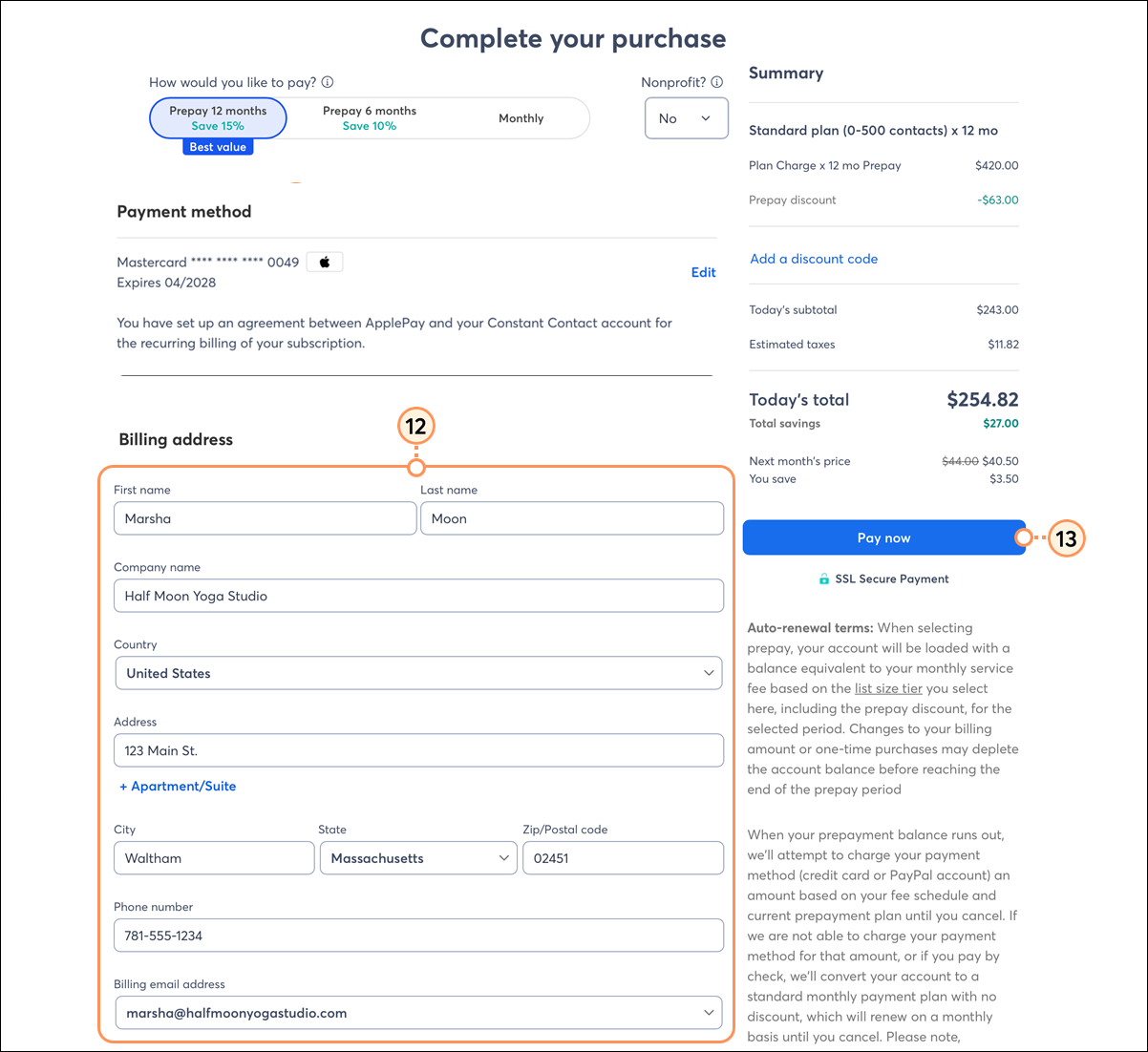 Apple Pay set up, billing address fields, and Pay Now button