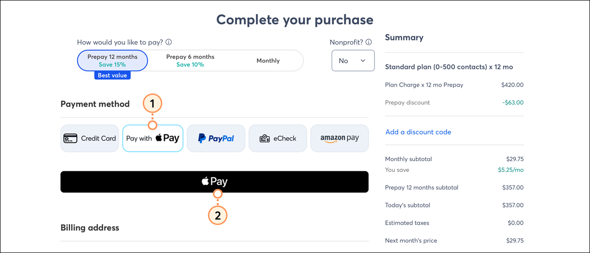 Payment method options with Apple Pay button