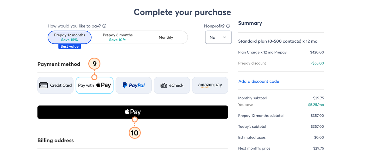 Payment method options with Apple Pay button
