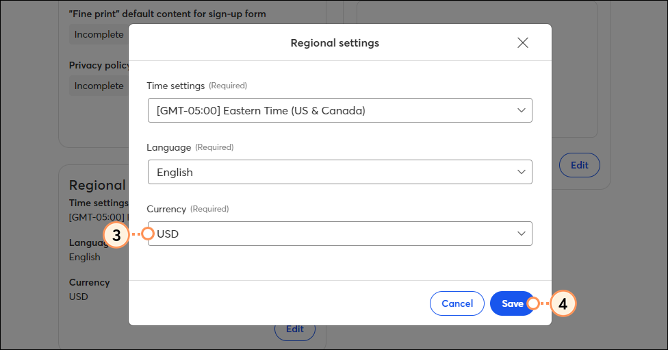 Currency drop-down menu and Save button