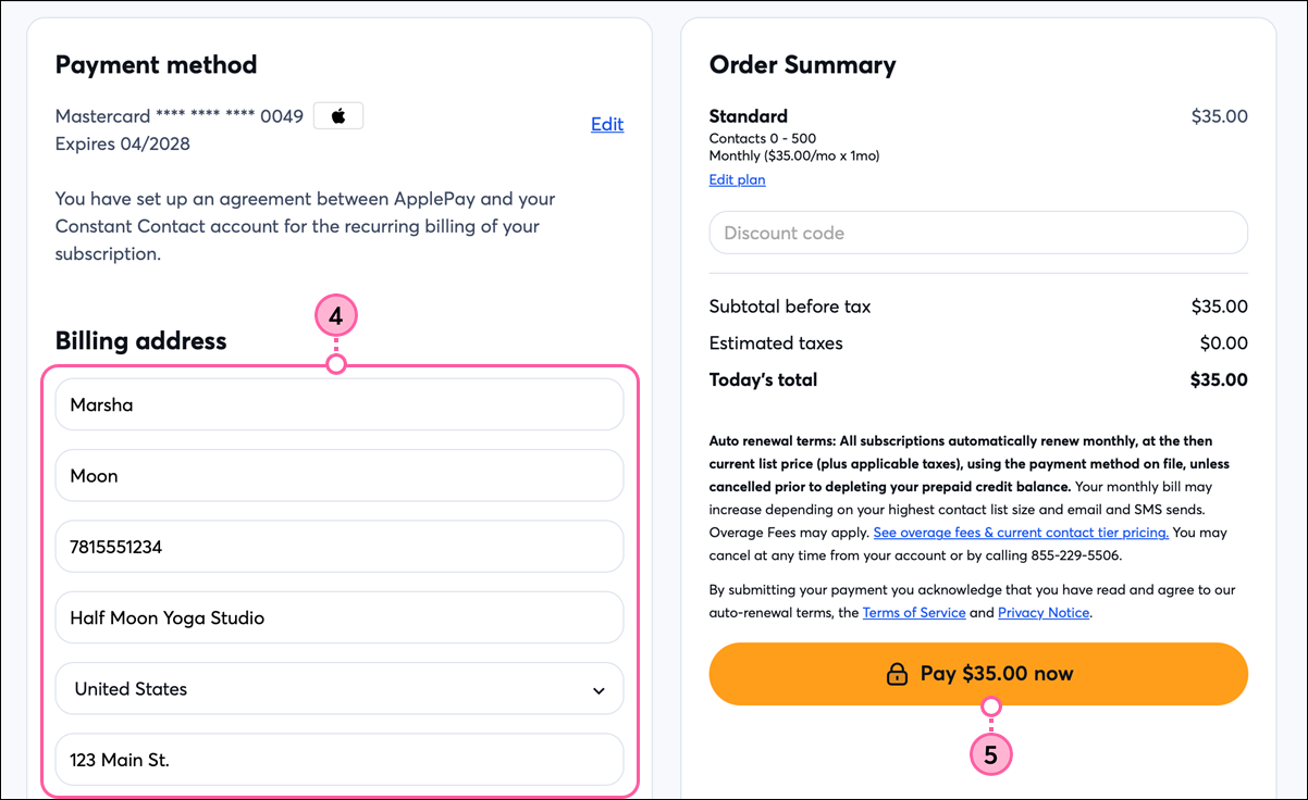 Apple Pay set up, billing address fields, and Pay Now button