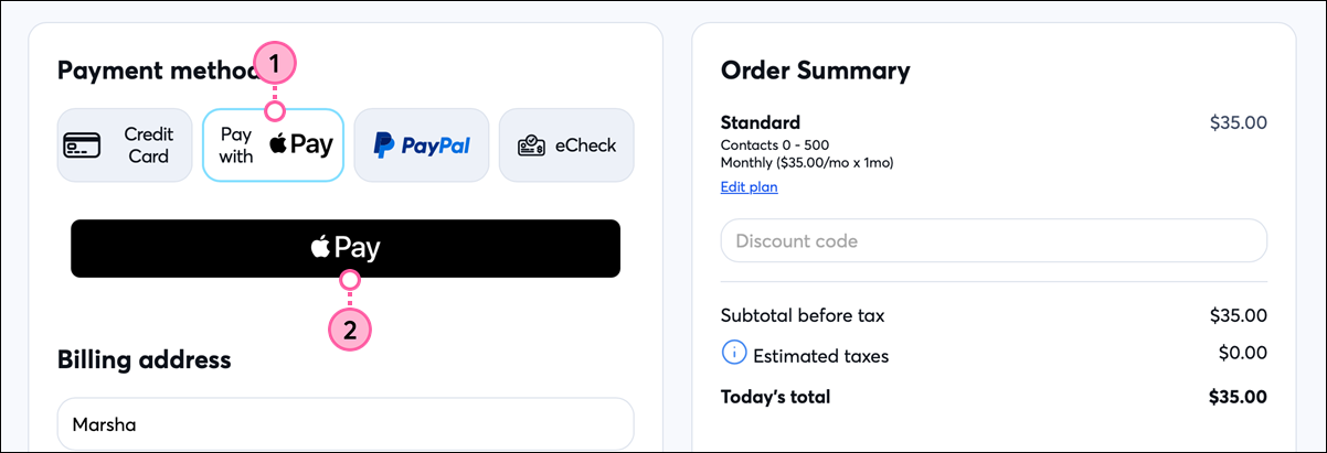 Payment method options with Apple Pay button