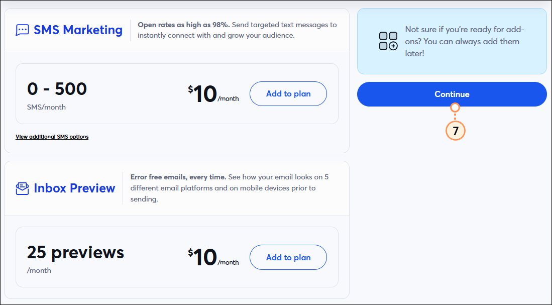 Add-on features and Continue button