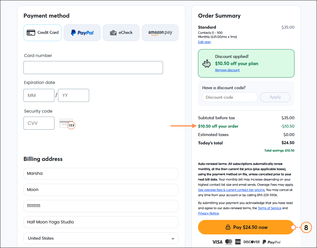 Choose your discount options page and Order Summary section, Promotional Discount section with discount applied, and Continue button