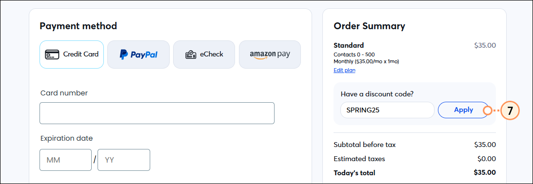 Choose your discount options page, Order Summary section, Add a discount code field and Apply button
