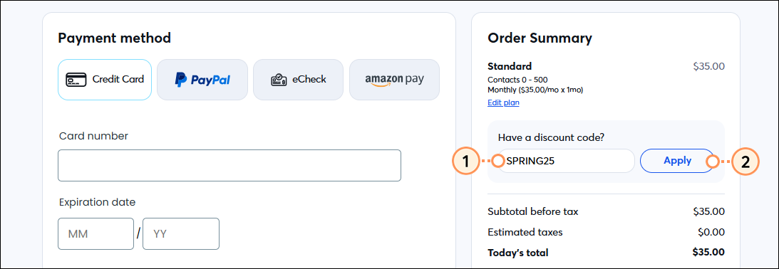 Choose your discount options page, Order Summary section, Add a discount code field and Apply button