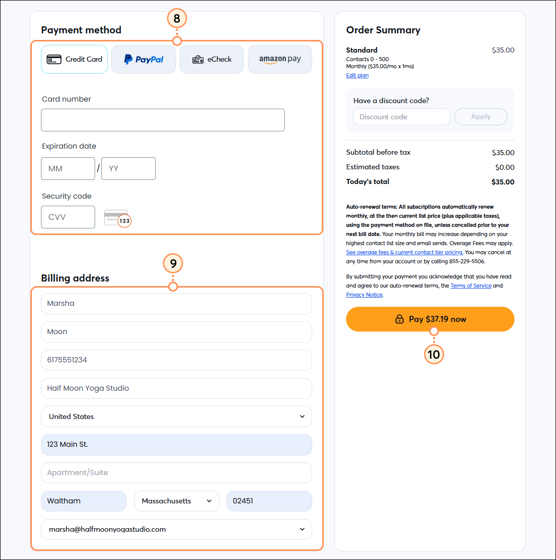 Company name, First and Last name, Country, Street Address, Postal Code, City, State, Email, and Phone number fields, and payment receipt option