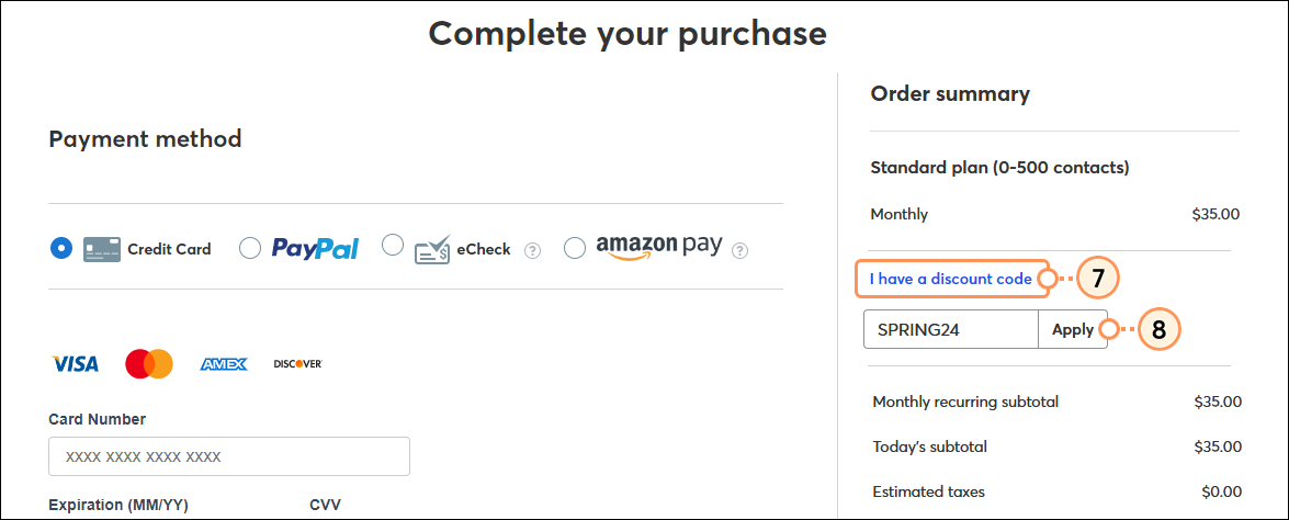 Choose your discount options page, Order Summary section, Add a discount code field and Add button