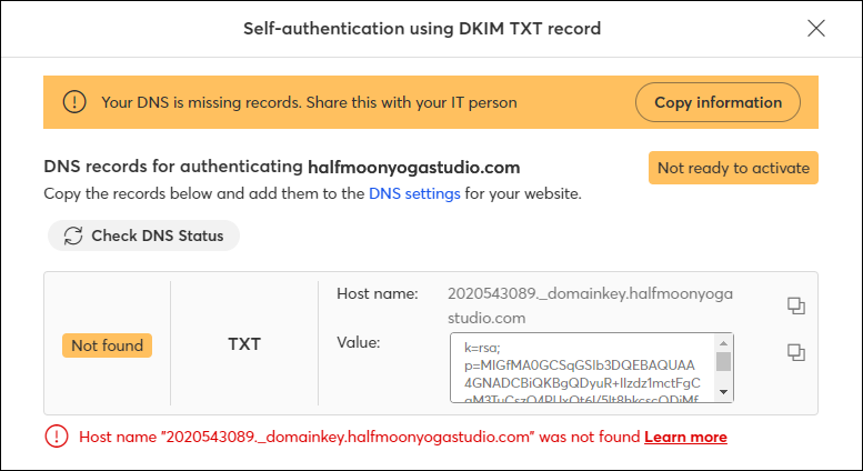 TXT record Not Found error message