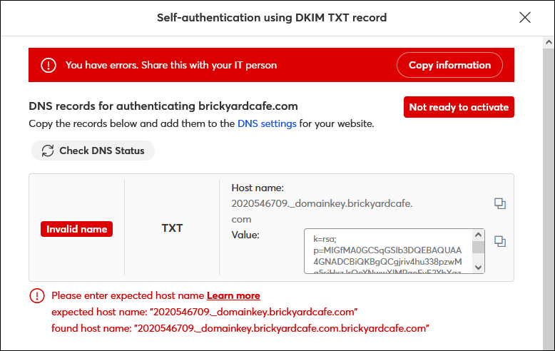 TXT record Invalid Name error message
