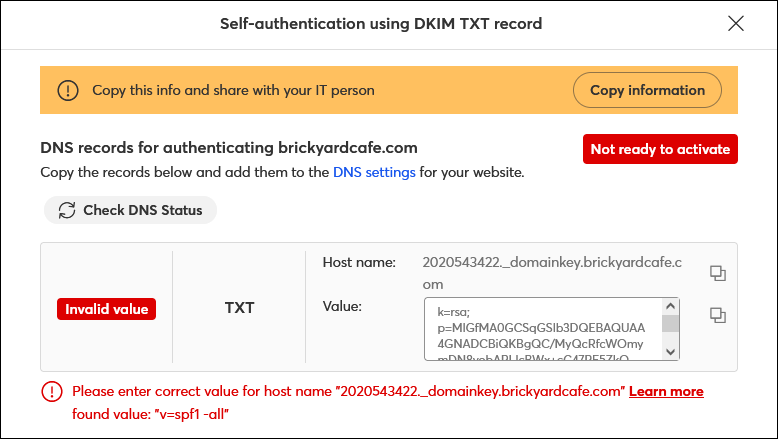 TXT record Invalid Value error message