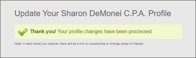 Update Profile Form Submitted Thank You Message