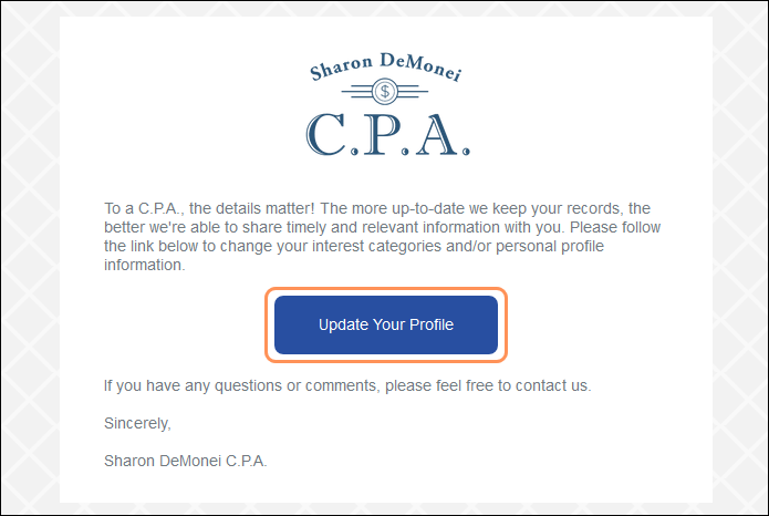 Email with Update Your Profile button