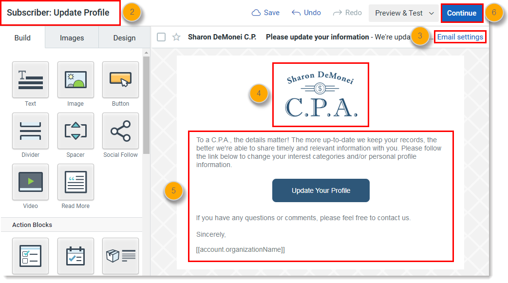 Campaign Name, Email Settings, logo, content, and Continue button
