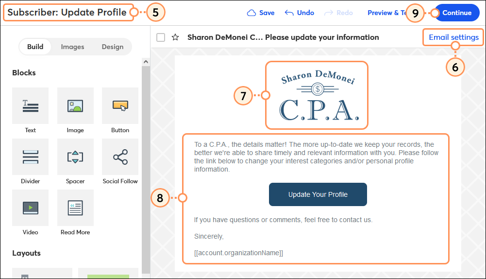 Campaign Name, Email Settings, logo, content, and Continue button