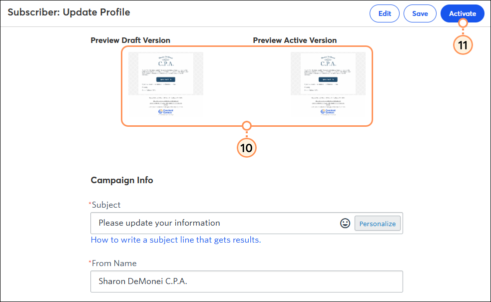 Email Preview and Activate button