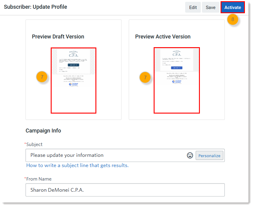 Email Preview and Activate button