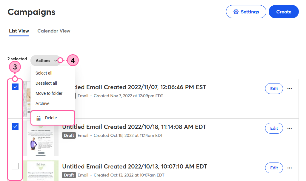 All Campaigns page, Checkboxes selected, Actions drop-down, and Delete Option