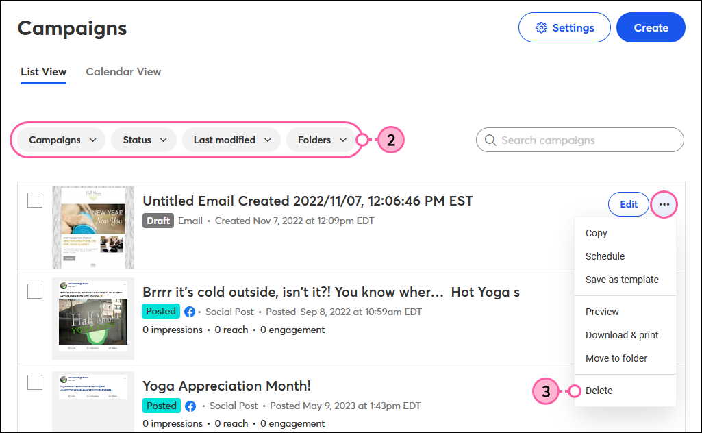 All Campaigns page, Filters, More Drop-down Menu, and Delete Option