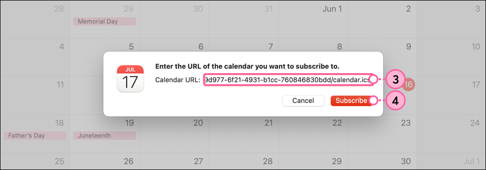 Enter the URL of the calendar you want to subscribe to overlay with Calendar URL field and Subscribe button