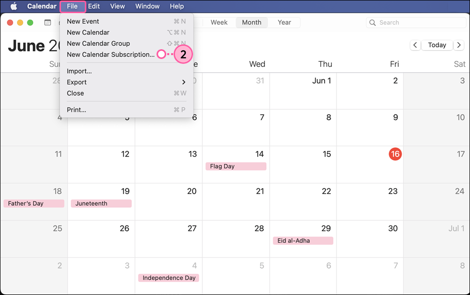 Apple Calendar with File menu expanded and New Calendar Subscription option selected