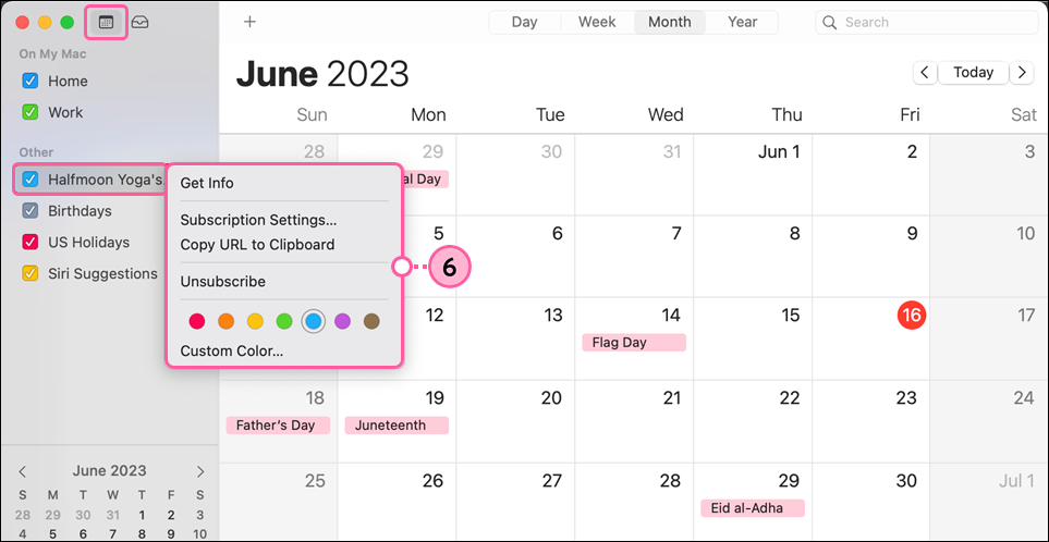 Apple Calendar with Calendars button and calendar menu expanded