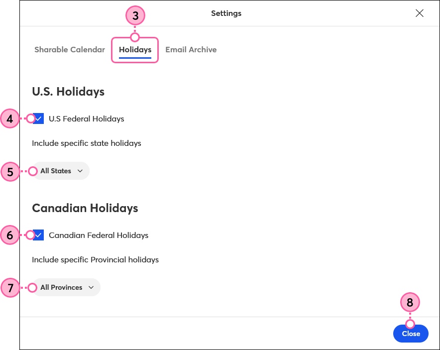 Configuración del calendario, pestaña Días festivos, casilla de verificación de los días festivos federales de EE. UU., menú desplegable de los estados, casilla de verificación de los días festivos federales de Canadá, menú desplegable de las provincias y botón de cierre
