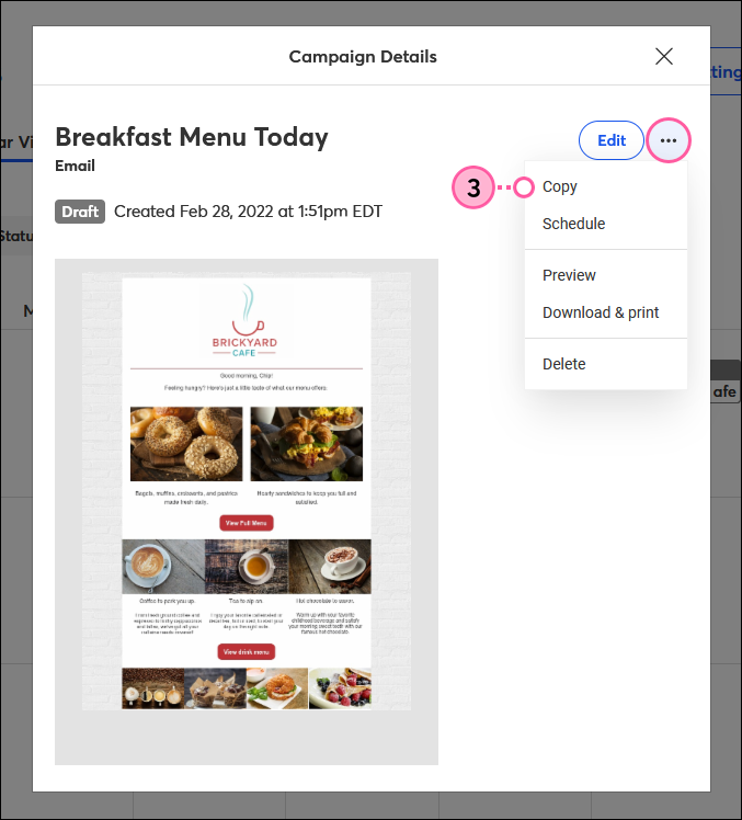 Draft Email Campaign Details overlay with More drop-down and Copy option