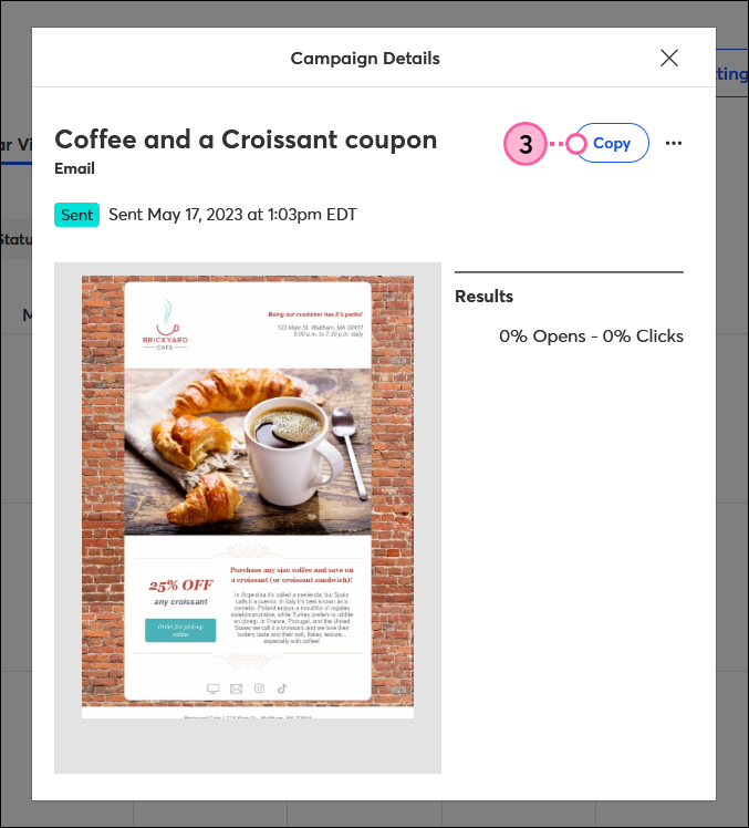 Sent Email Campaign Details overlay with Copy button