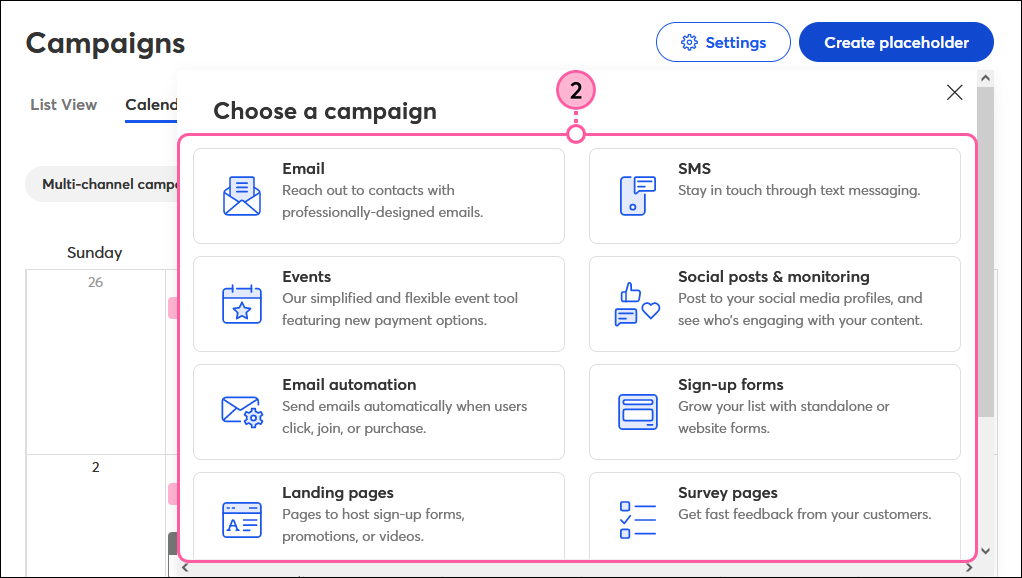 Selector de campaña con opciones de tipo de campaña
