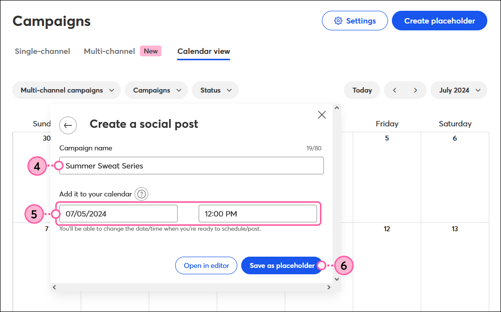 Create a new Social Post overlay with post name, date and time options, and Save button
