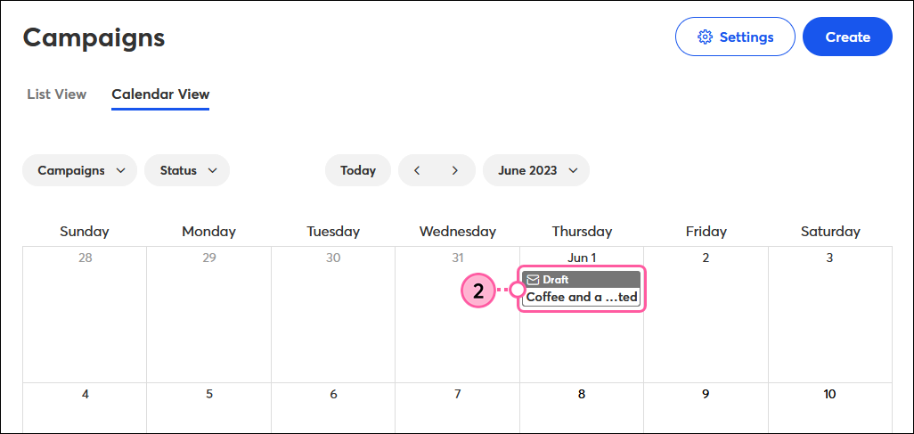 Campaigns page, Calendar View tab, and Draft Email selected