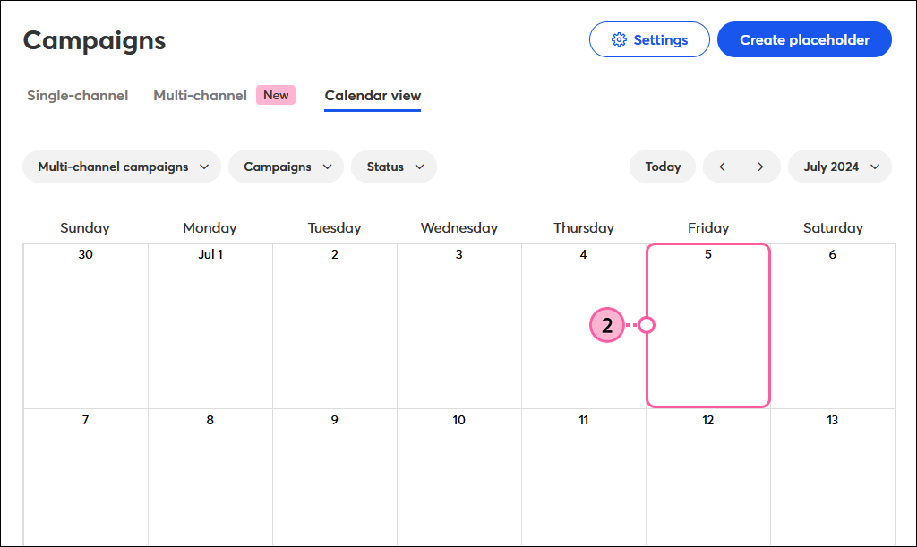 Campaigns page, Calendar View tab, and calendar with date selected
