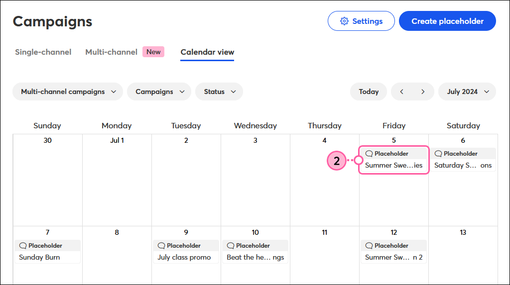Campaigns page, Calendar View tab, calendar with Social Post placeholders, and placeholder selected