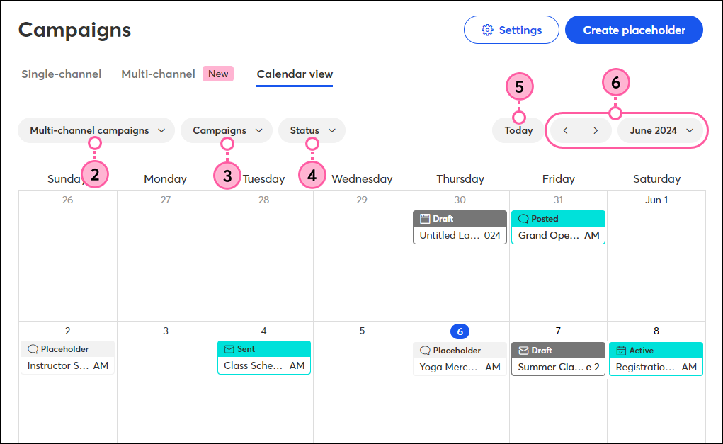 Vista Campaigns Calendar (Calendario de campañas) con filtros
